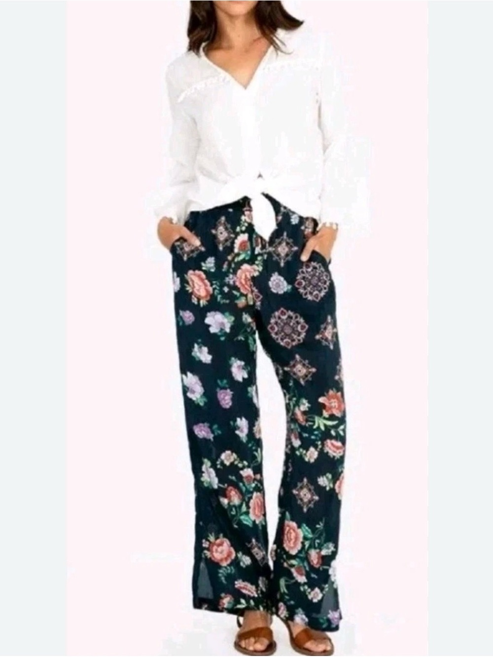 Johnny Was Navy Floral Wide-Leg Pants